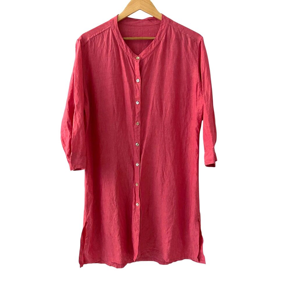 Jill McGowan Bright Pink 100%‎ Linen Scoop Neck Button Up Wrap Tunic Dress L